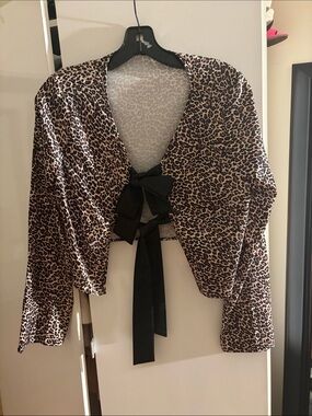 Leopard Print Tie-Front Cardigan with Black Bow MEDIUM